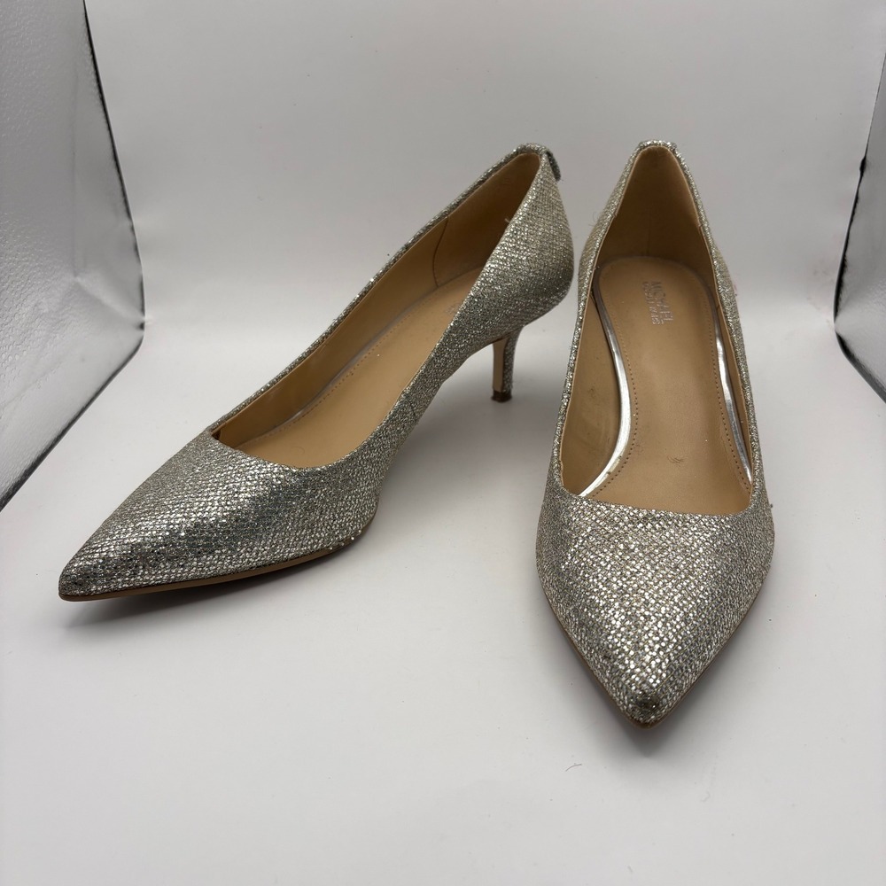 Michael Kors Silver Glitter Pointed Toe Kitten Heel Pumps Womens 8M